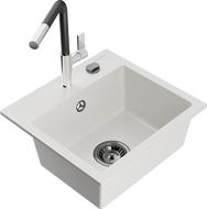Mexen Milo Granitspüle 1-Becken mit Küchenarmatur Flora, Weiß - 6505-20-670401-07-B