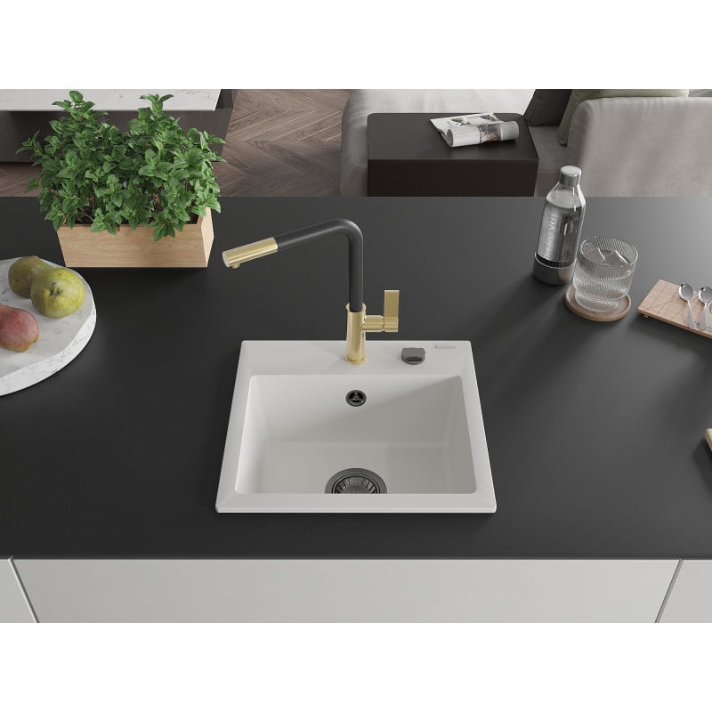 Mexen Milo 1-Becken-Granitspüle mit Mischbatterie Flora, Weiß - 6505-20-670401-57-B