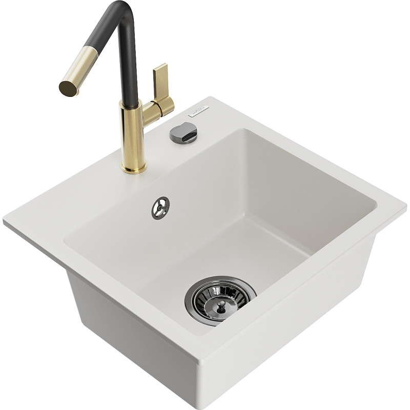Mexen Milo 1-Kammer Granitspüle mit Küchenarmatur Flora, weiß - 6505-20-670401-57-B