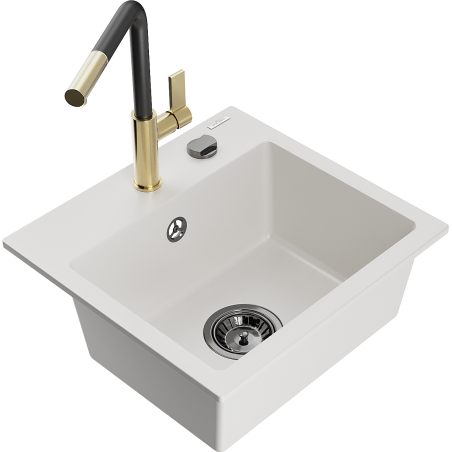 Mexen Milo 1-Becken-Granitspüle mit Mischbatterie Flora, Weiß - 6505-20-670401-57-B
