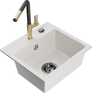 Mexen Milo 1-Becken-Granitspüle mit Mischbatterie Flora, Weiß - 6505-20-670401-57-B