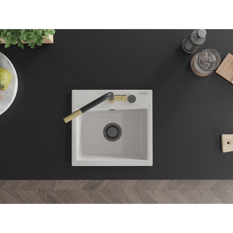 Mexen Milo 1-Becken-Granitspüle mit Mischbatterie Flora, Weiß - 6505-20-670401-57-B