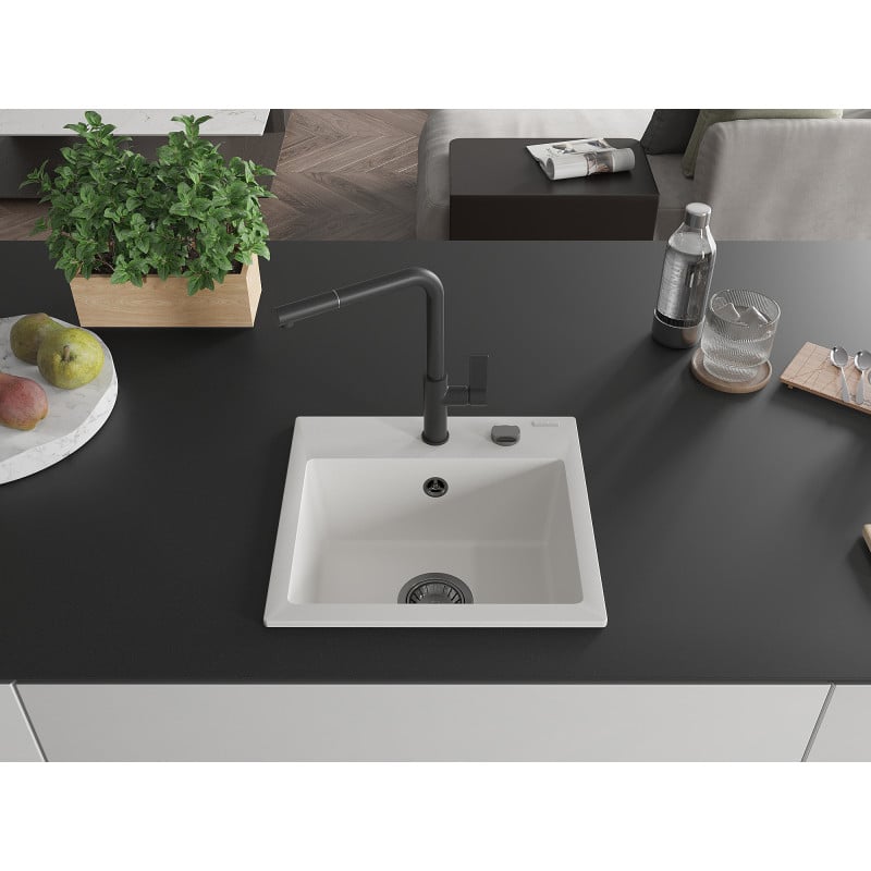 Mexen Milo Granitspüle 1-becken mit Küchenarmatur Flora, weiß - 6505-20-670401-70-B