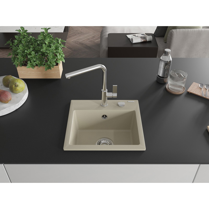Mexen Milo Granitspüle 1-beckig mit Küchenarmatur Flora, beige - 6505-69-670401-00