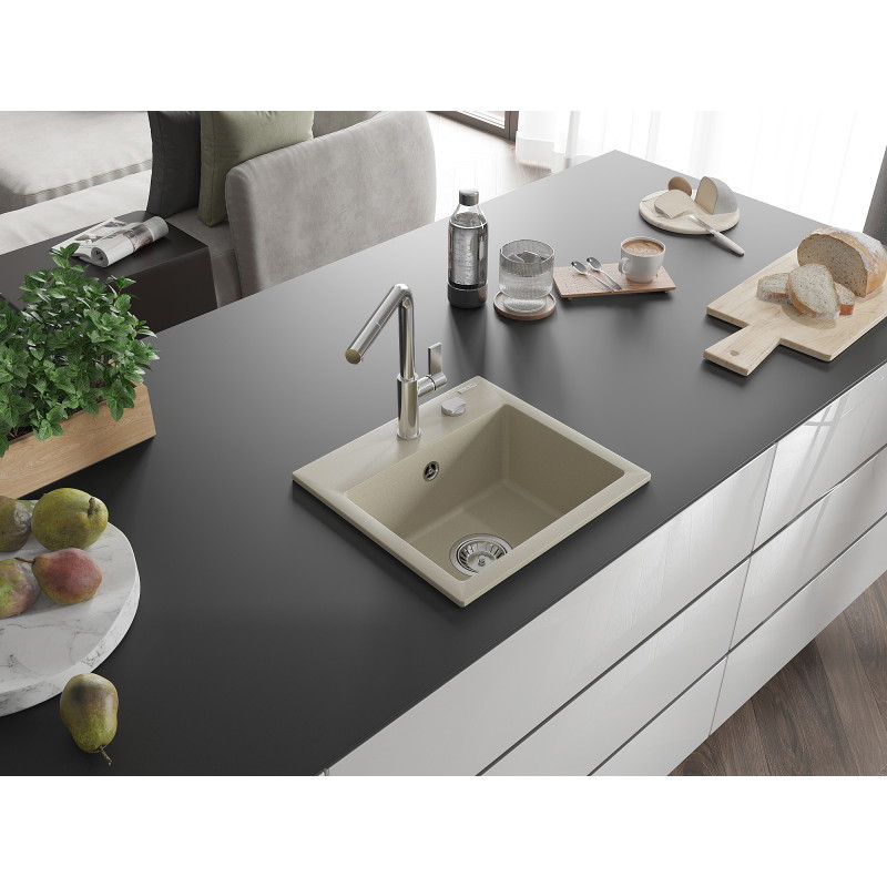 Mexen Milo Granitspüle 1-beckig mit Küchenarmatur Flora, beige - 6505-69-670401-00