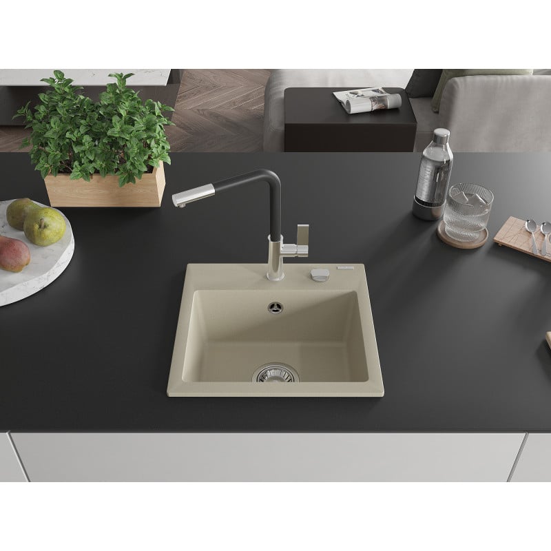 Mexen Milo Granitspüle 1-Becken mit Küchenarmatur Flora, Beige - 6505-69-670401-07