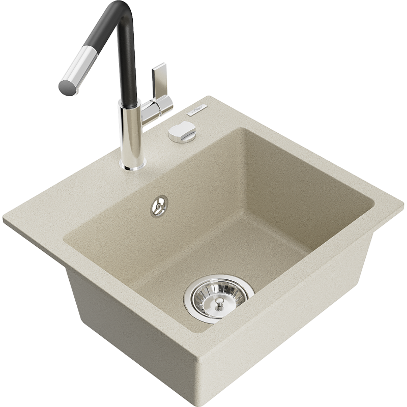 Mexen Milo Granitspüle 1-Becken mit Küchenarmatur Flora, Beige - 6505-69-670401-07
