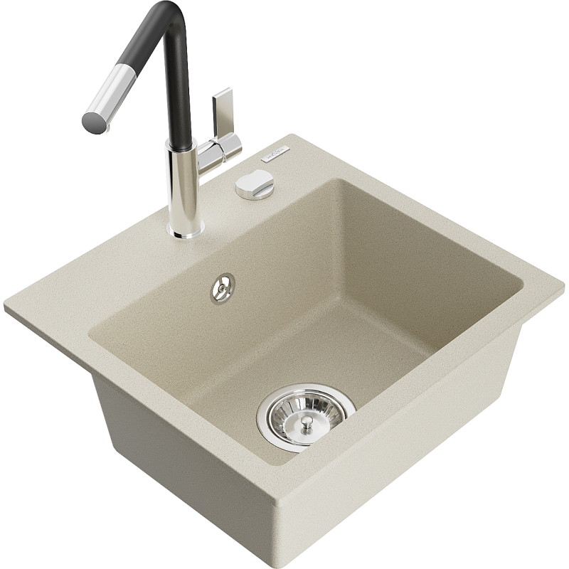 Mexen Milo Granitspüle 1-beckig mit Küchenarmatur Flora, beige - 6505-69-670401-07
