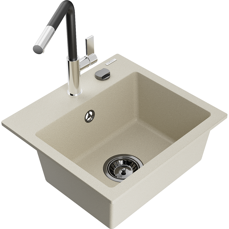 Mexen Milo 1-Becken-Granitspüle mit Mischbatterie Flora, Beige - 6505-69-670401-07-B