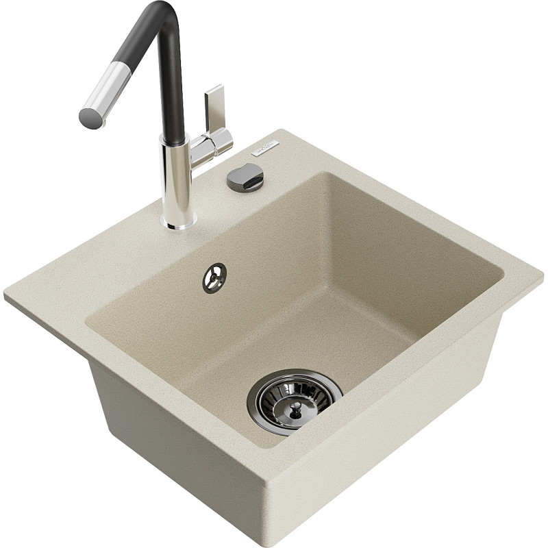Mexen Milo Granitspüle 1-beckig mit Küchenarmatur Flora, beige - 6505-69-670401-07-B