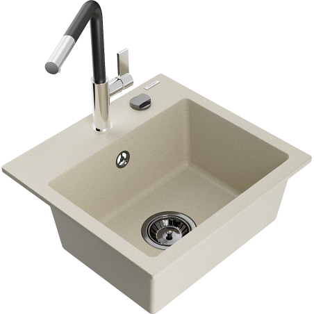 Mexen Milo Granitspüle 1-beckig mit Küchenarmatur Flora, beige - 6505-69-670401-07-B