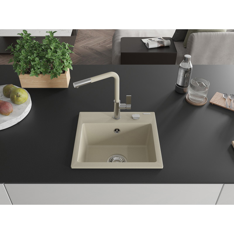 Mexen Milo Granitspüle 1-beckig mit Küchenarmatur Flora, beige - 6505-69-670401-09