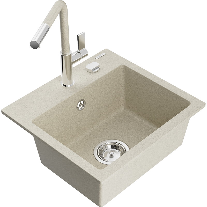 Mexen Milo Granitspüle 1-Becken mit Küchenarmatur Flora, beige - 6505-69-670401-09