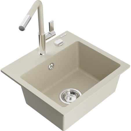 Mexen Milo 1-Becken-Granitspüle mit Mischbatterie Flora, Beige - 6505-69-670401-09