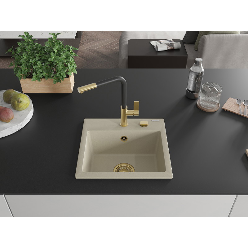 Mexen Milo Granitspüle 1-becken mit Küchenarmatur Flora, beige - 6505-69-670401-57-G