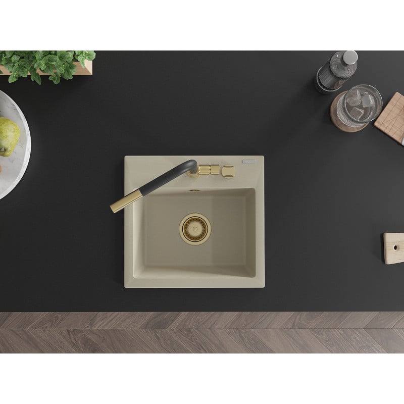 Mexen Milo Granitspüle 1-becken mit Küchenarmatur Flora, beige - 6505-69-670401-57-G