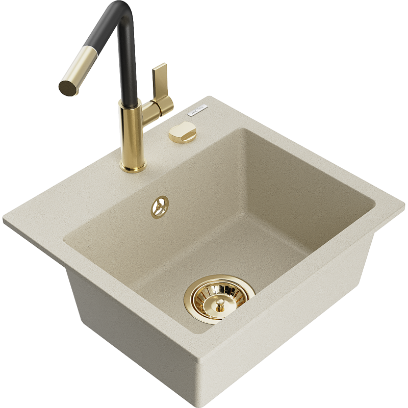 Mexen Milo Granitspüle 1-becken mit Küchenarmatur Flora, beige - 6505-69-670401-57-G