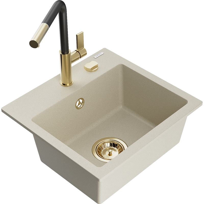 Mexen Milo granitspüle 1-beckig mit Küchenarmatur Flora, beige - 6505-69-670401-57-G