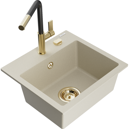 Mexen Milo Granitspüle 1-becken mit Küchenarmatur Flora, beige - 6505-69-670401-57-G