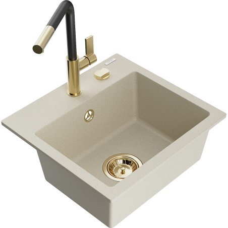 Mexen Milo granitspüle 1-beckig mit Küchenarmatur Flora, beige - 6505-69-670401-57-G