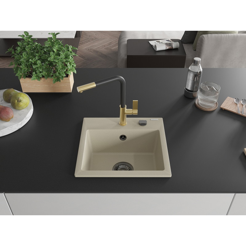 Mexen Milo Einbauspüle aus Granit 1-Becken mit Küchenarmatur Flora, beige - 6505-69-670401-57-B