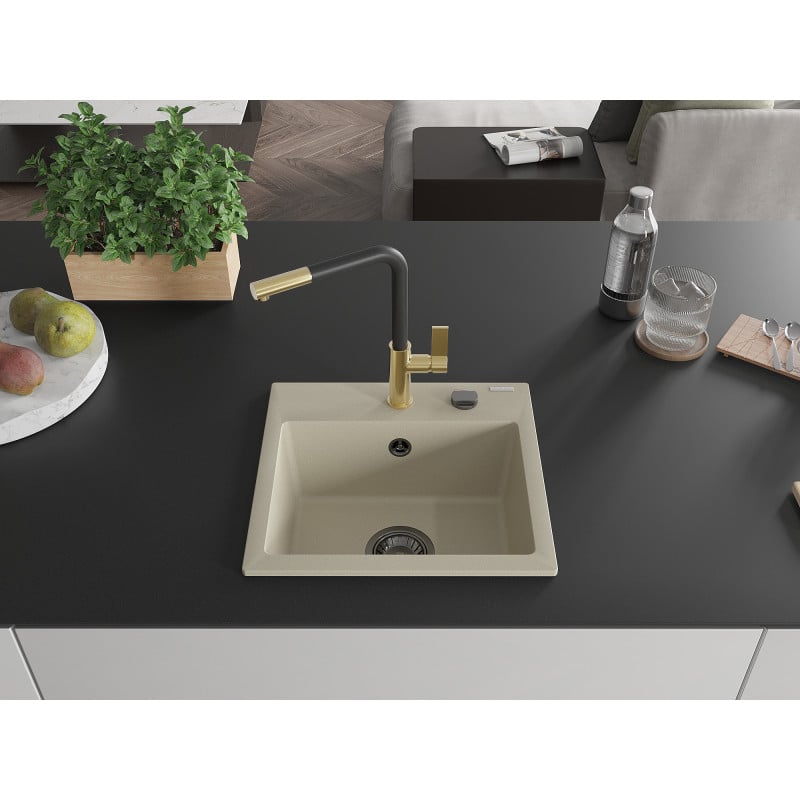 Mexen Milo Granitspüle 1-beckig mit Küchenarmatur Flora, beige - 6505-69-670401-57-B
