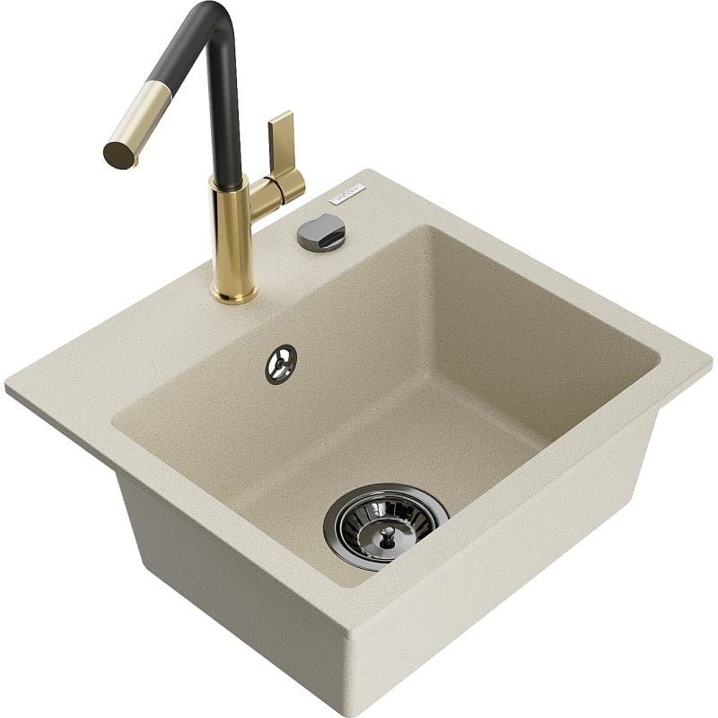 Mexen Milo Granitspüle 1-Becken mit Küchenarmatur Flora, beige - 6505-69-670401-57-B
