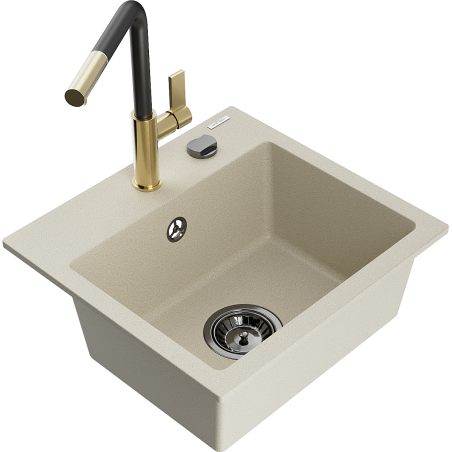 Mexen Milo Granitspüle 1-beckig mit Küchenarmatur Flora, beige - 6505-69-670401-57-B