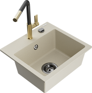 Mexen Milo Granitspüle 1-beckig mit Küchenarmatur Flora, beige - 6505-69-670401-57-B