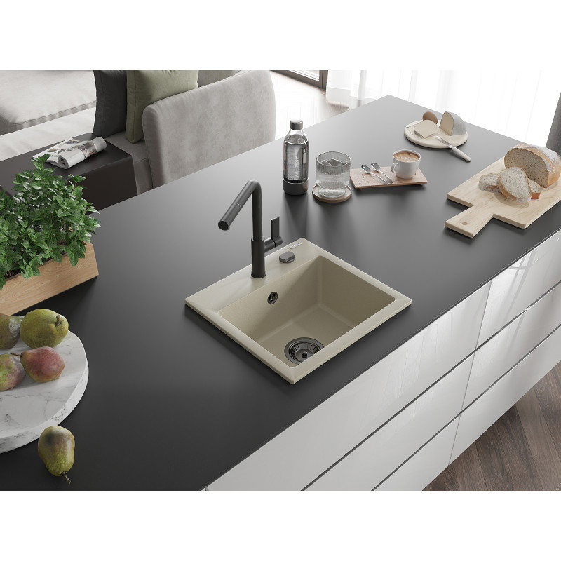 Mexen Milo Granitspüle 1-Becken mit Küchenarmatur Flora, beige - 6505-69-670401-70-B
