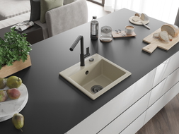 Mexen Milo Granitspüle 1-Becken mit Küchenarmatur Flora, beige - 6505-69-670401-70-B