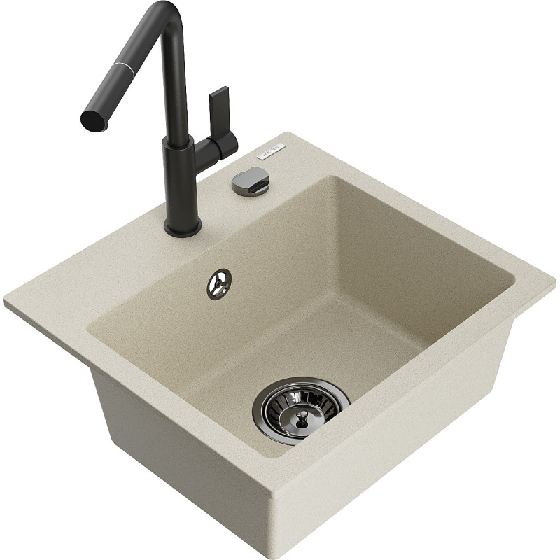 Mexen Milo Granitspüle 1-beckig mit Küchenarmatur Flora, beige - 6505-69-670401-70-B
