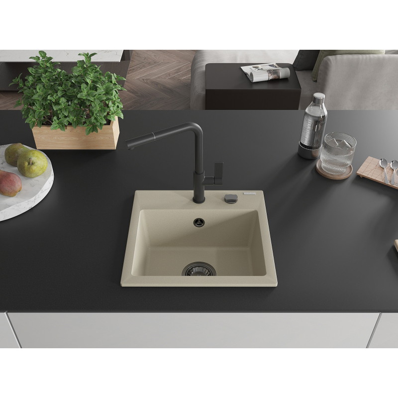 Mexen Milo Granitspüle 1-beckig mit Küchenarmatur Flora, beige - 6505-69-670401-70-B