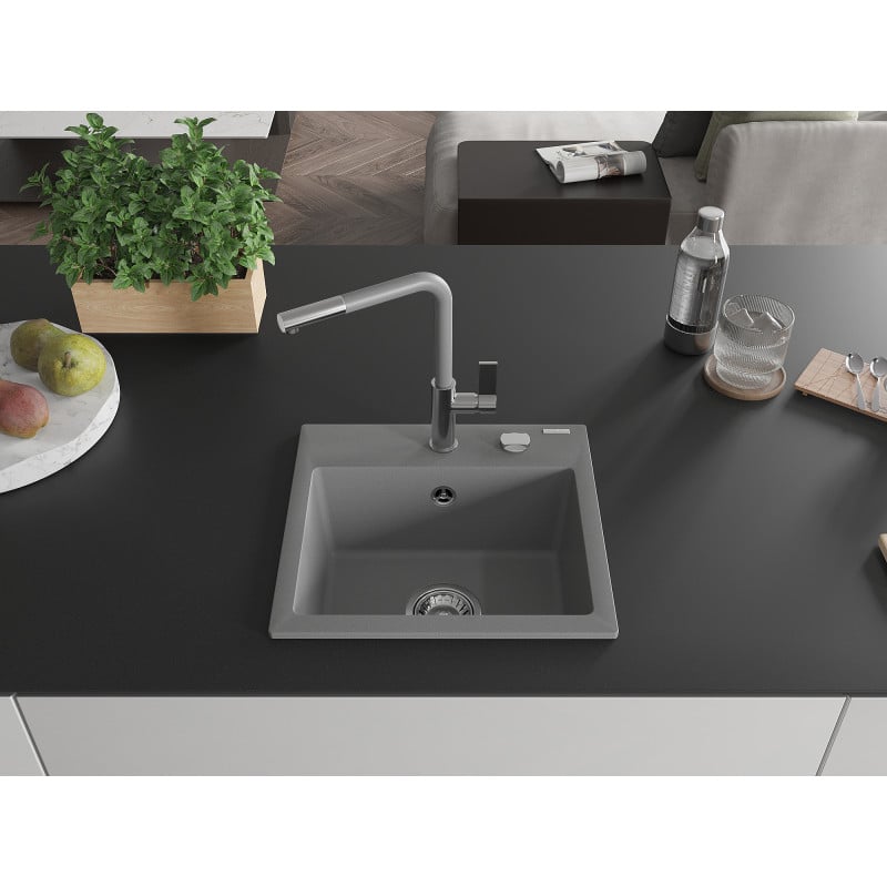 Mexen Milo Granitspüle 1-Becken mit Küchenarmatur Flora, grau - 6505-71-670401-06