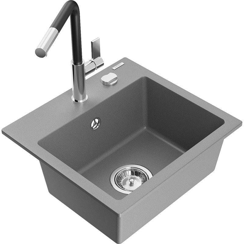 Mexen Milo Granitspüle 1-Becken mit Küchenarmatur Flora, grau - 6505-71-670401-07