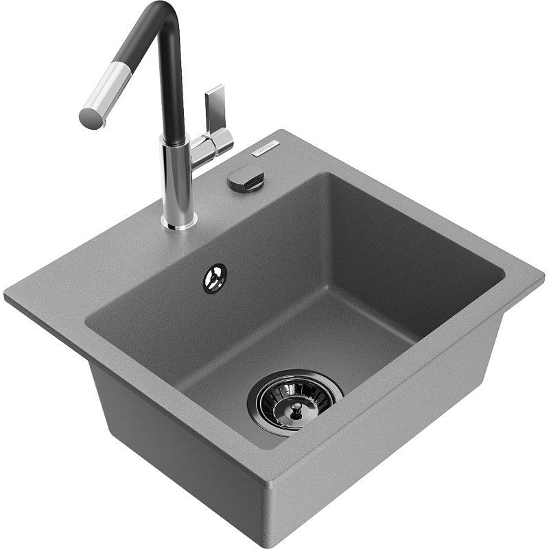Mexen Milo Granitspüle 1-Becken mit Küchenarmatur Flora, grau - 6505-71-670401-07-B