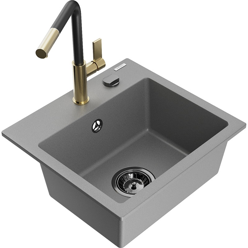 Mexen Milo Granitspüle 1-Becken mit Küchenarmatur Flora, grau - 6505-71-670401-57-B