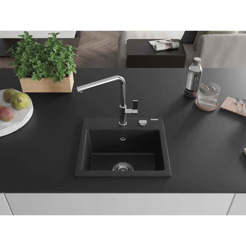 Mexen Milo Granitspüle 1-Becken mit Küchenarmatur Flora, schwarz/silber metallic - 6505-73-670401-00