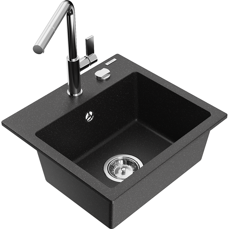 Mexen Milo Granitspüle 1-Becken mit Küchenarmatur Flora, schwarz/silber metallic - 6505-73-670401-00