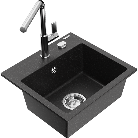 Mexen Milo Granitspüle 1-Becken mit Küchenarmatur Flora, schwarz/silber metallic - 6505-73-670401-00