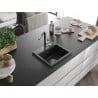 Mexen Milo Granitspüle 1-Becken mit Küchenarmatur Flora, schwarz/silber metallic - 6505-73-670401-07