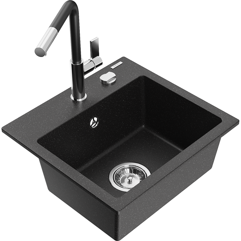 Mexen Milo Granitspüle 1-Becken mit Küchenarmatur Flora, schwarz/silber metallic - 6505-73-670401-07