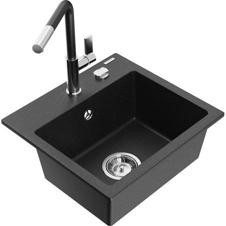 Mexen Milo Granitspüle 1-Becken mit Küchenarmatur Flora, schwarz/silber metallic - 6505-73-670401-07