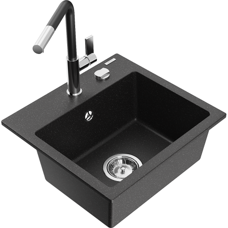 Mexen Milo Granitspüle 1-beckig mit Küchenarmatur Flora, schwarz/silber-metallic - 6505-73-670401-07