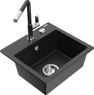 Mexen Milo Granitspüle 1-Becken mit Küchenarmatur Flora, schwarz/silber metallic - 6505-73-670401-07