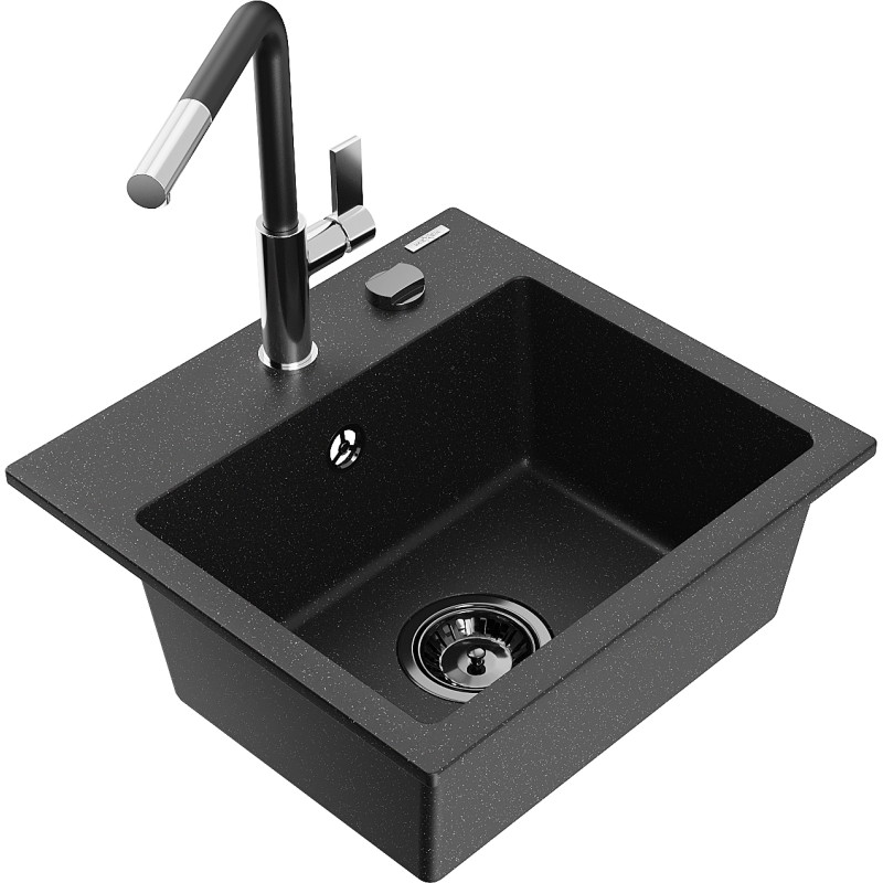 Mexen Milo Granitspüle 1-beckig mit Küchenarmatur Flora, schwarz/silber-metallic - 6505-73-670401-07-B