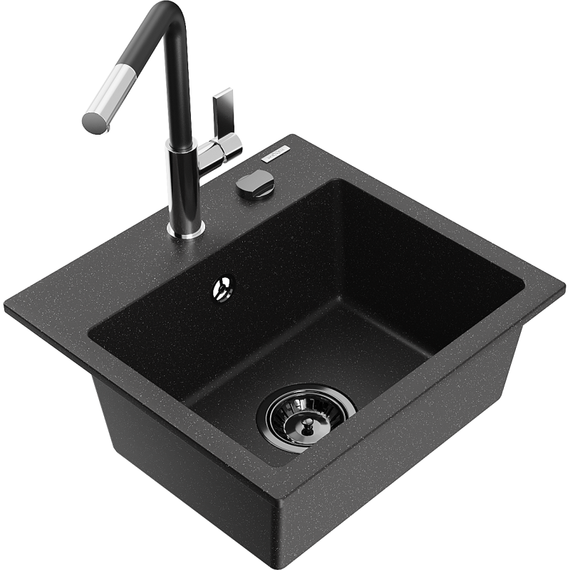 Mexen Milo Granitspüle 1-Kammer mit Küchenarmatur Flora, schwarz/silber metallic - 6505-73-670401-07-B