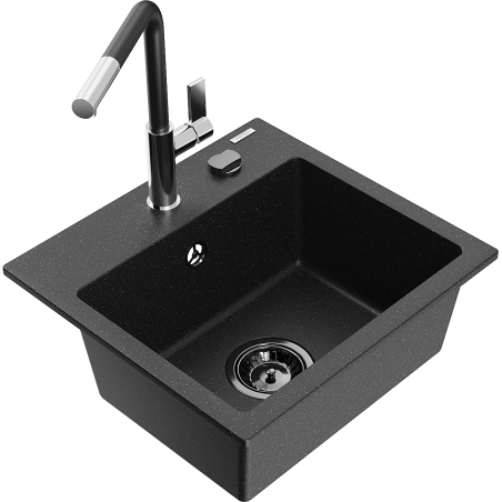 Mexen Milo Granitspüle 1-Kammer mit Küchenarmatur Flora, schwarz/silber metallic - 6505-73-670401-07-B