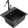 Mexen Milo Granitspüle 1-Kammer mit Küchenarmatur Flora, schwarz/silber metallic - 6505-73-670401-07-B