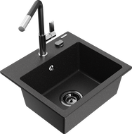 Mexen Milo Granitspüle 1-Kammer mit Küchenarmatur Flora, schwarz/silber metallic - 6505-73-670401-07-B